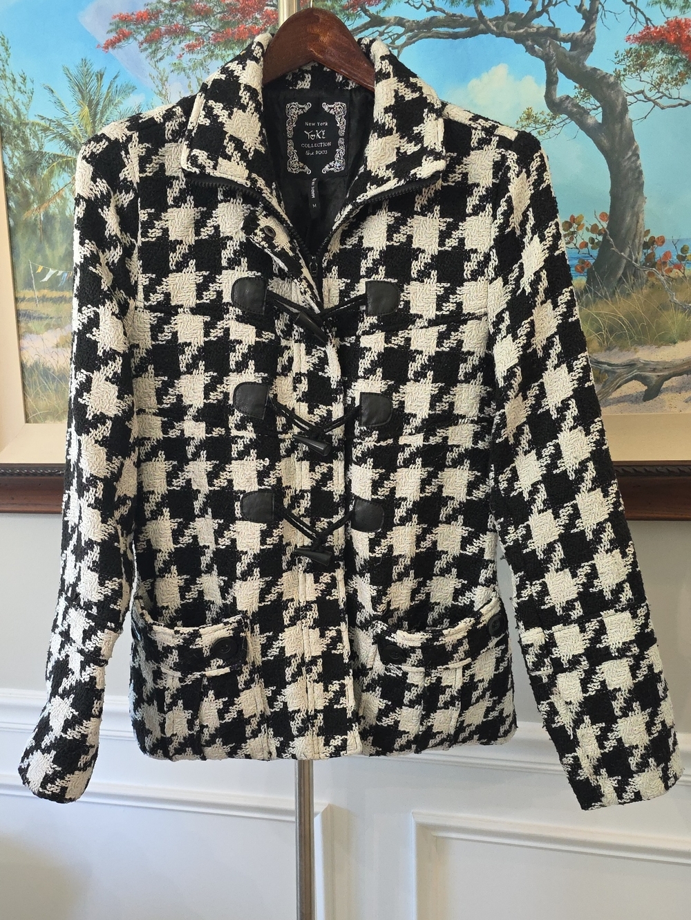 Yoki Black & White Houndstooth Toggle Blazer